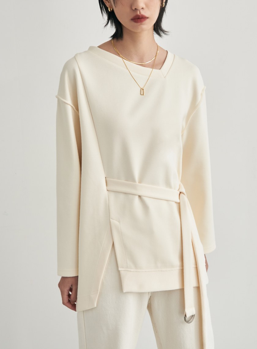 不規則剪裁腰帶長版衛衣